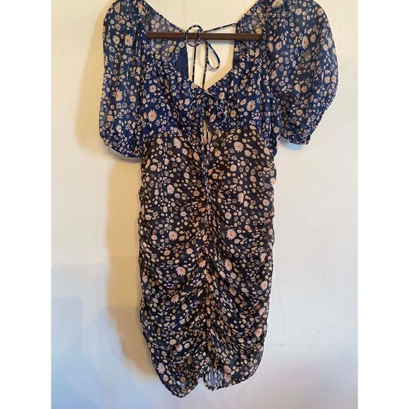 Free People Tessa Mini Dress Ruched Black Navy Blue Floral size small - Picture 2 of 10
